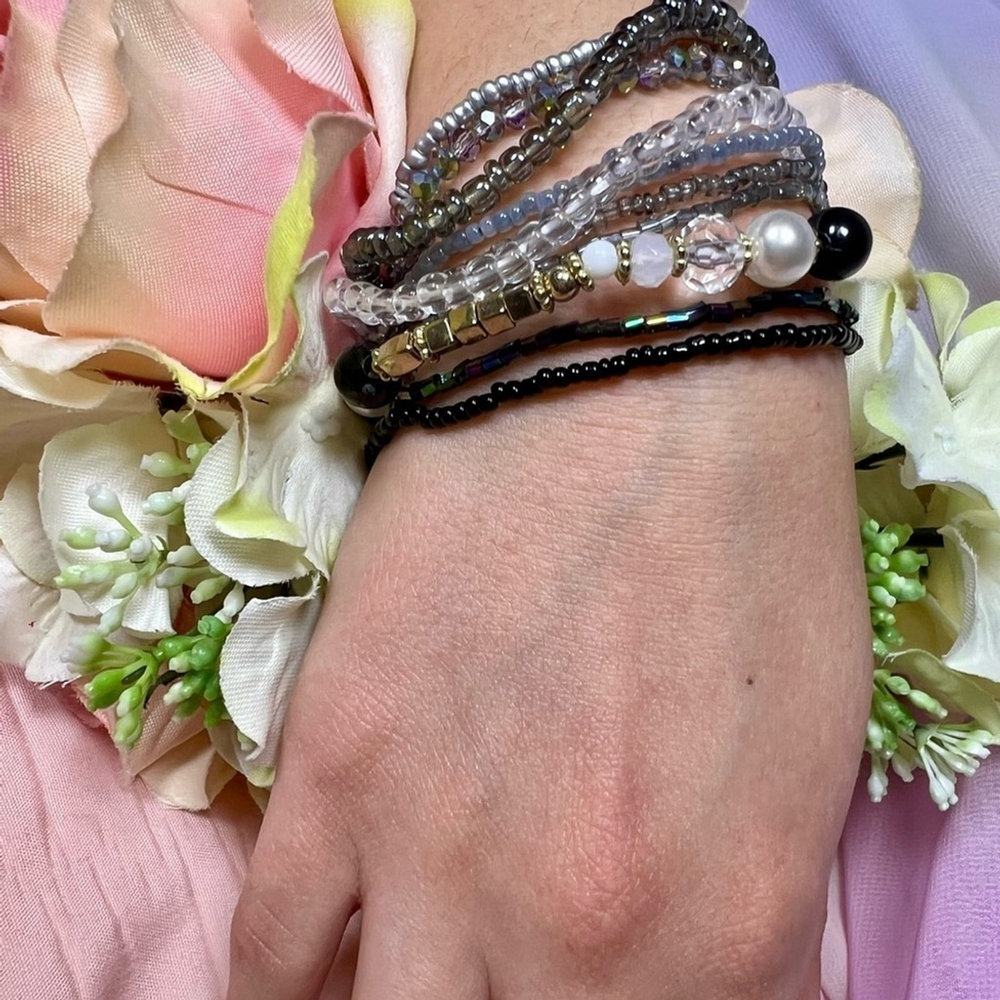 Midnight Onyx Black Beaded Bracelet Stack with elastic OS - Picture 7 of 7
